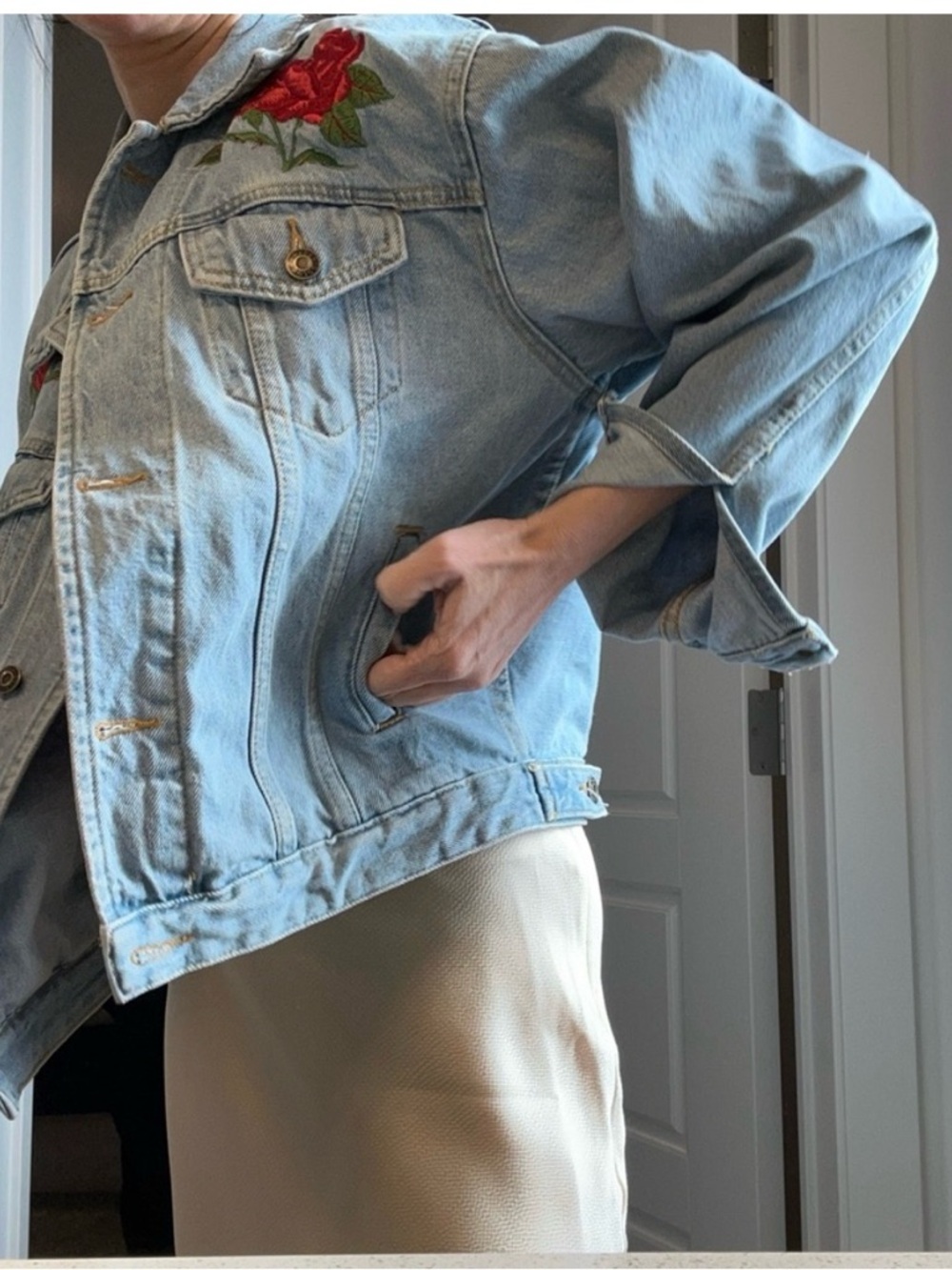 Light Blue Denim Jacket with Red Rose Embroidery - Women - Picture 6 of 8